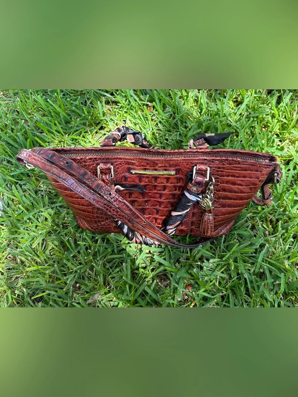 Brahmin Croc-Embossed Leather Shoulder Bag - Cognac Brown